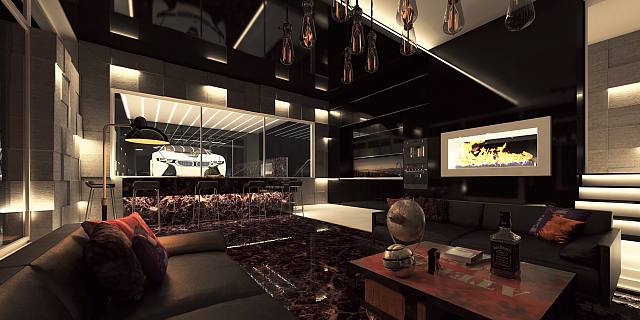 projekt domu Zx188 – interiérová úprava, Moderný jednopodlažný dom s presklenou garážou viditeľnou z obývacej izby