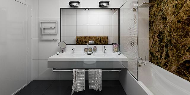 projekt domu Zx188 – interiérová úprava, Moderný jednopodlažný dom s presklenou garážou viditeľnou z obývacej izby