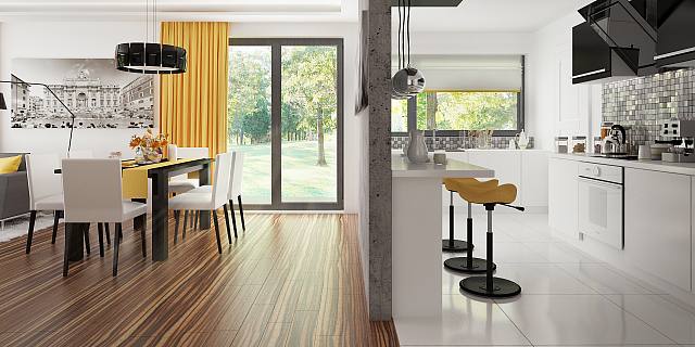 projekt domu Zx103 – interiérová úprava, Moderný dom s plochou strechou, štyrmi spálňami a dvojgarážou.