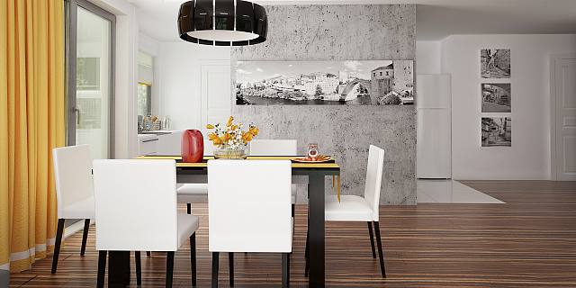 projekt domu Zx103 – interiérová úprava, Moderný dom s plochou strechou, štyrmi spálňami a dvojgarážou.