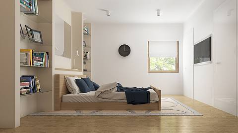 projekt domu Z301 – interiérová úprava, Jednopodlažný dom s garážou pre 2 autá, pohodlnými spálňami a veľkou terasou