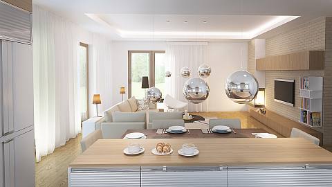 projekt domu Z301 – interiérová úprava, Jednopodlažný dom s garážou pre 2 autá, pohodlnými spálňami a veľkou terasou