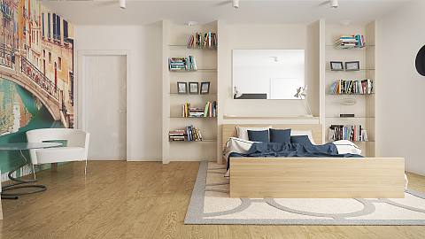 projekt domu Z301 – interiérová úprava, Jednopodlažný dom s garážou pre 2 autá, pohodlnými spálňami a veľkou terasou