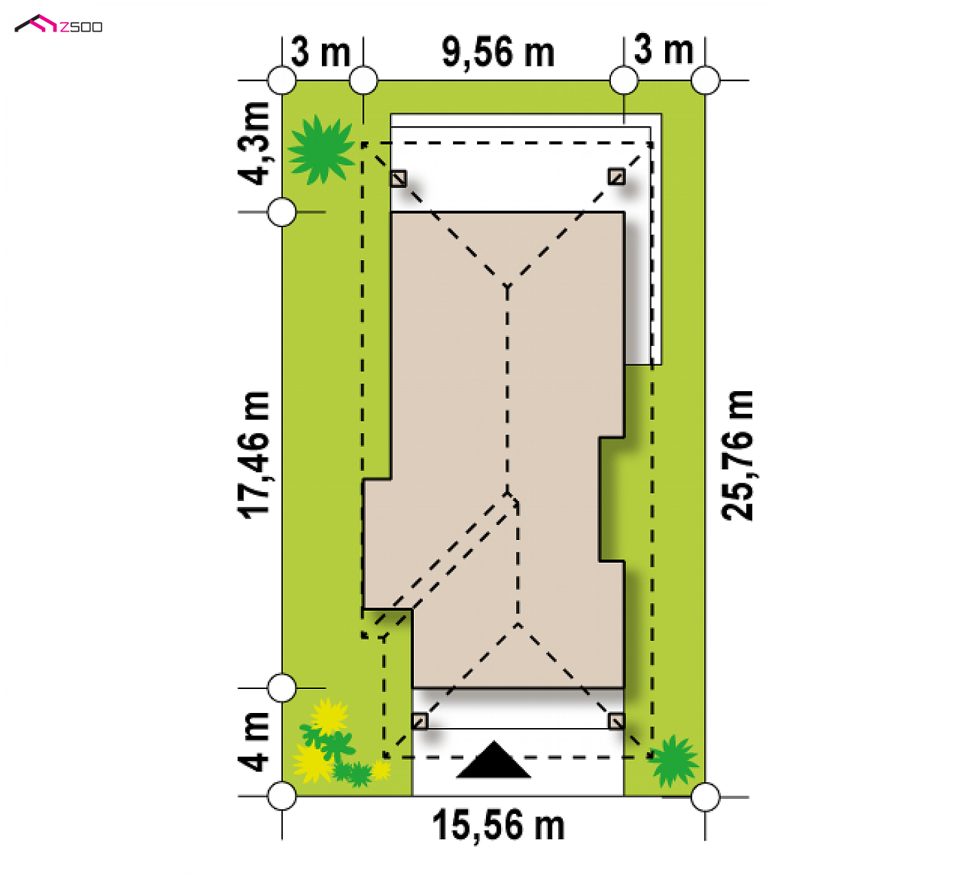 Projekt domu - Jednopodlažný dom na úzkom pozemku šírky 15,56 m,
