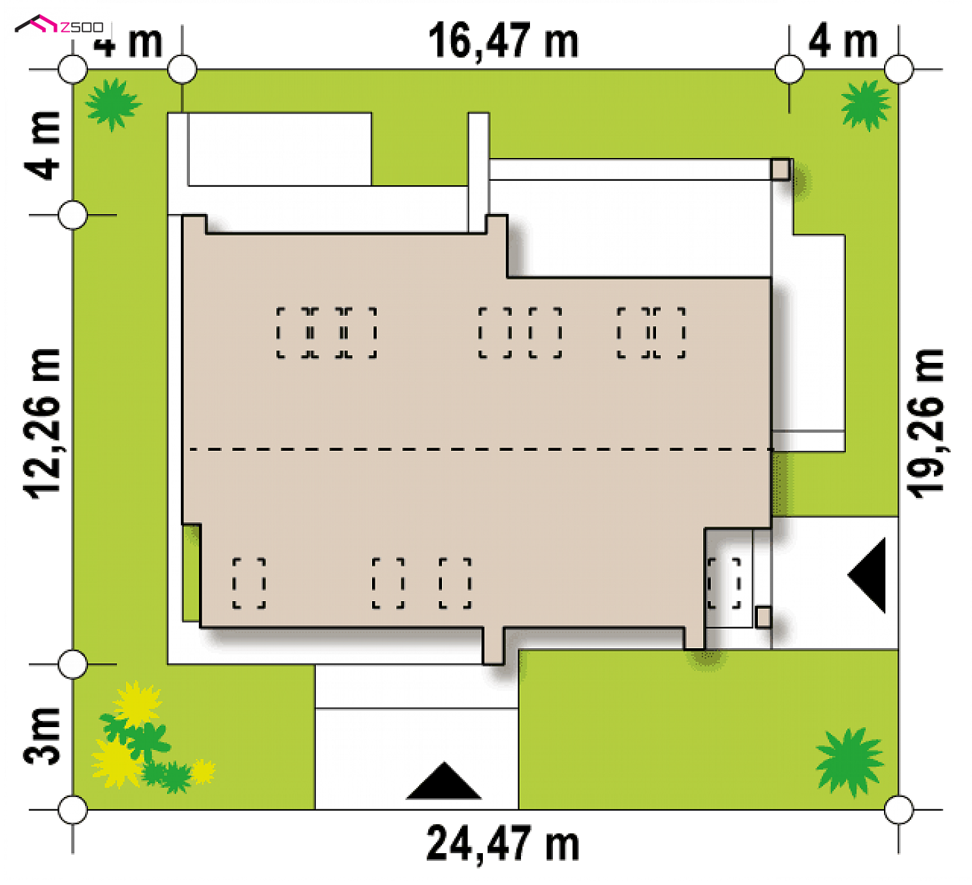 Projekt domu - Dvojizbový dom s podkrovím, sedlovou strechou a krytými terasami