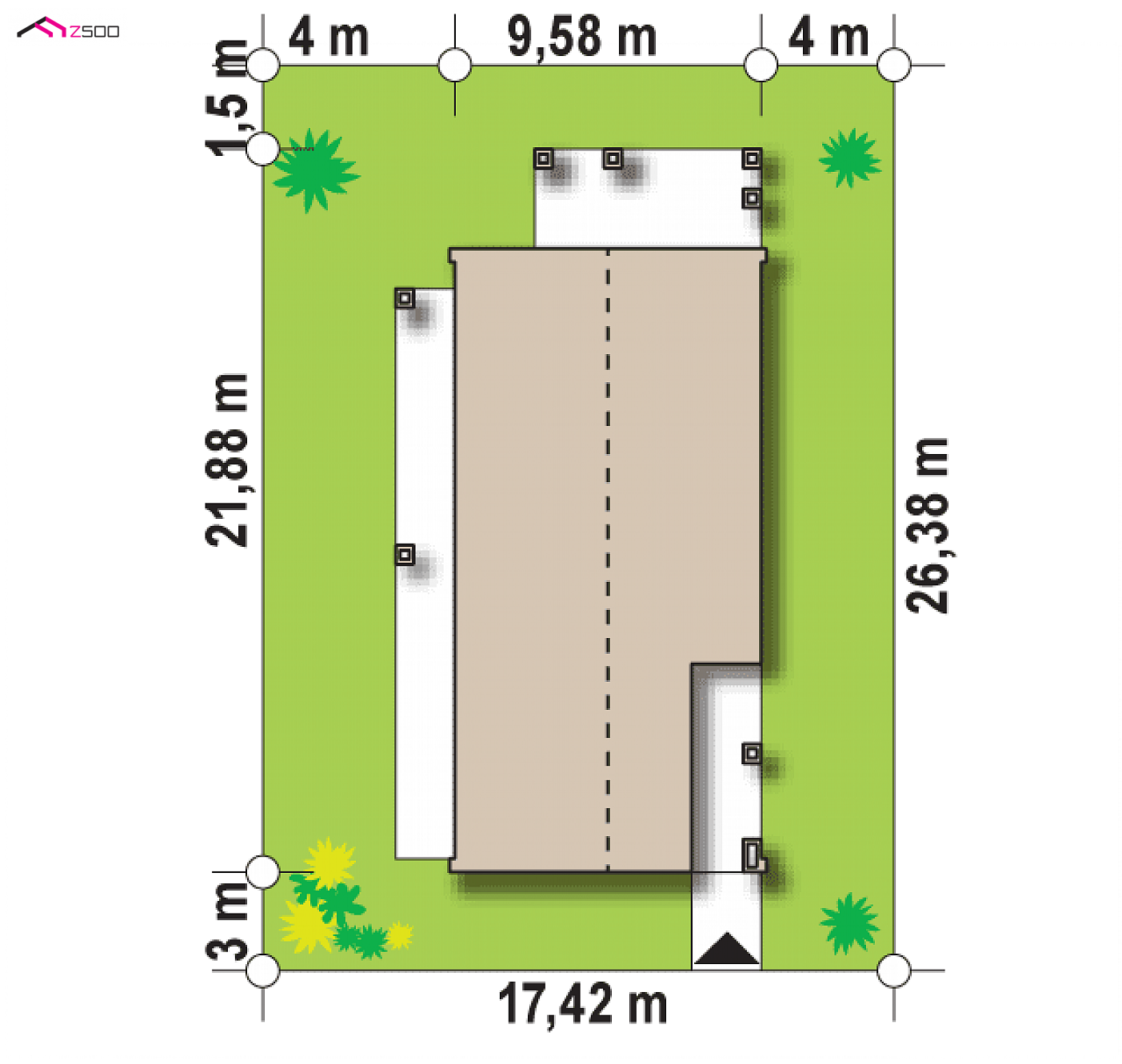 Projekt domu - Projekt Z314 na úzky pozemok, bez garáže, s tromi izbovými.
