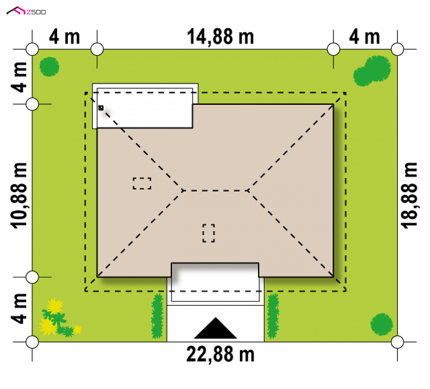 Projekt domu - verzia projektu bez garáže s voliteľným podkrovím.