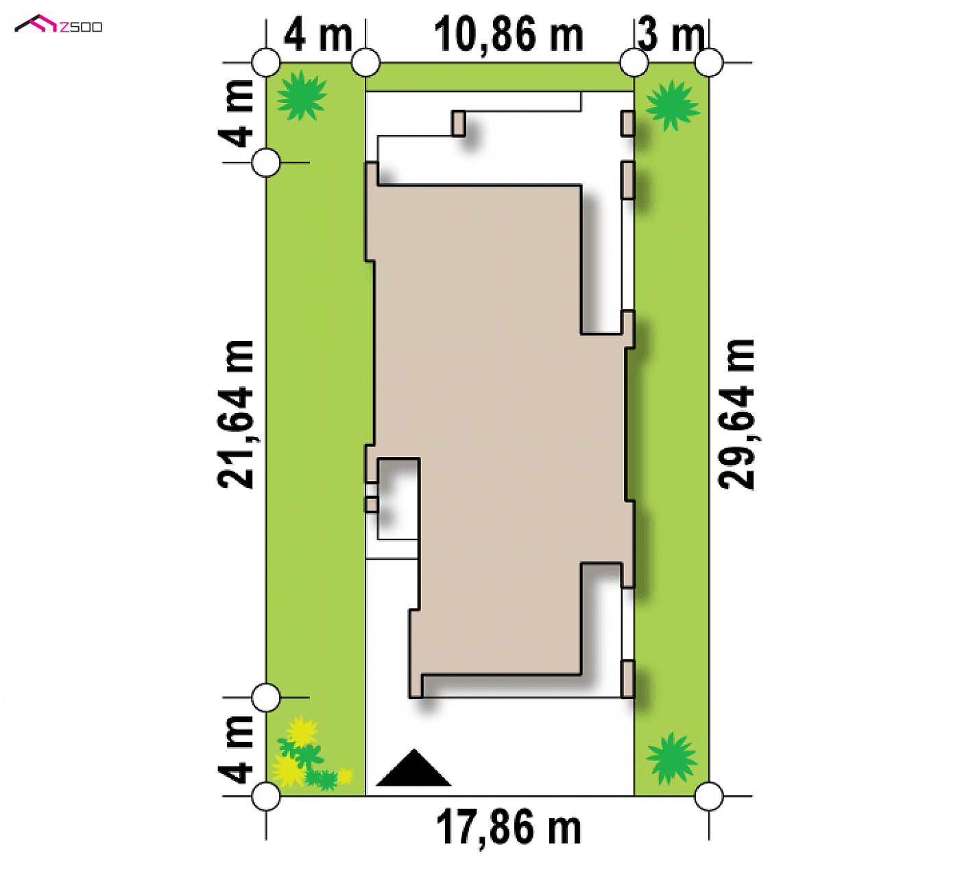 Projekt domu - Jednopodlažný dom na úzkom pozemku s plochou strechou a krytými terasami.